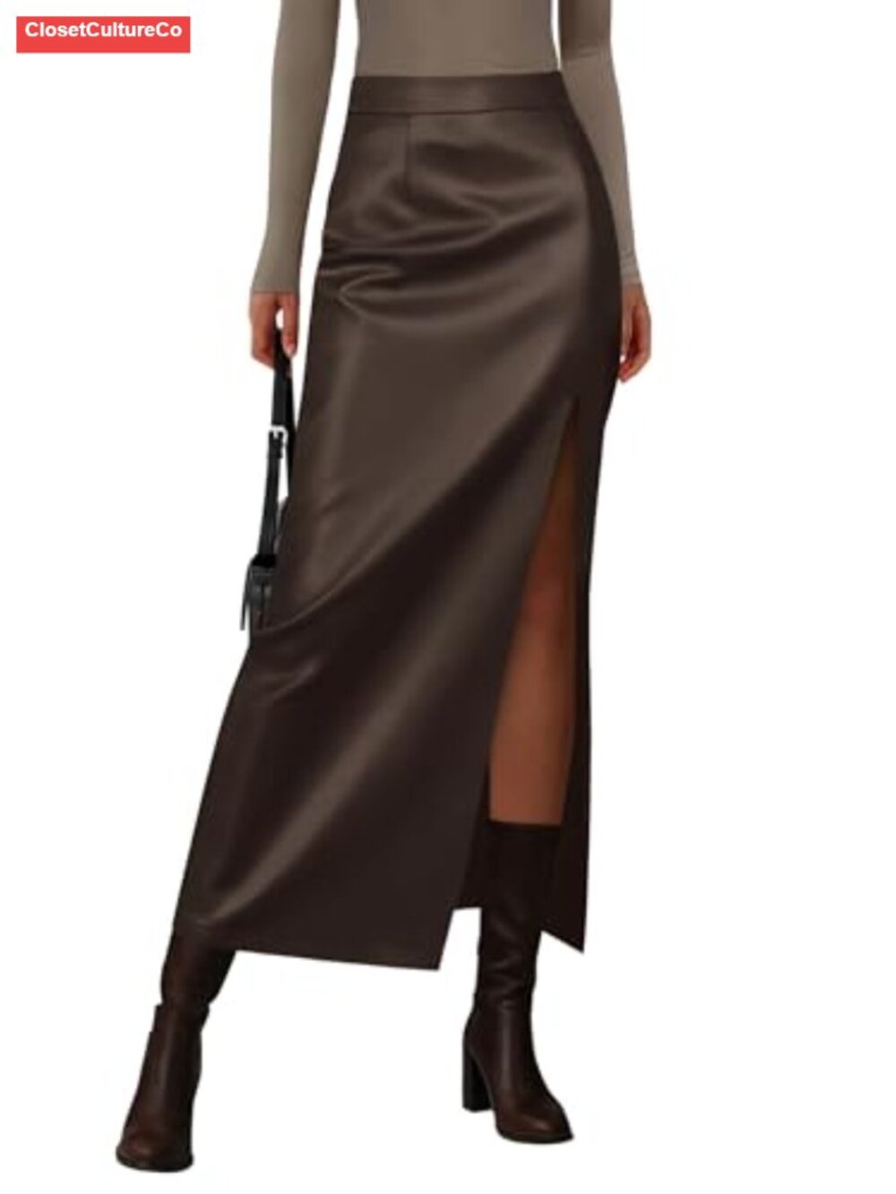 Faux Leather High Waist Long Pencil Skirt Side Slit Maxi